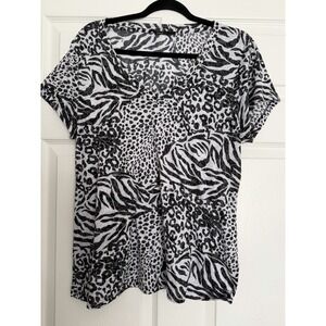 Chaus Mixed Animal Print V-Neck Top Black White Zebra Leopard Large